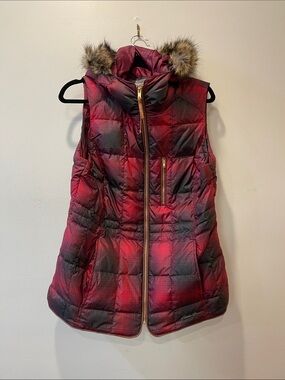 Eddie Bauer Red Plaid Quilted Hooded Vest with Faux Fur Trim